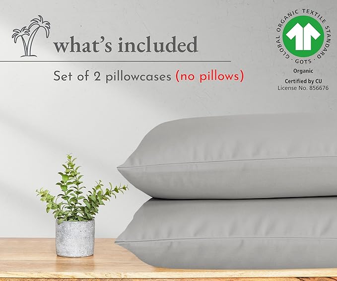 California Design Den 100% Organic Cotton King Pillowcase Pair, Set of 2, Soft & Crisp Percale Weave Cotton Pillow Covers (Light Grey)