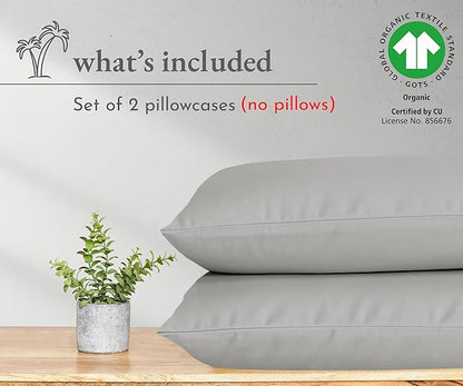 California Design Den 100% Organic Cotton King Pillowcase Pair, Set of 2, Soft & Crisp Percale Weave Cotton Pillow Covers (Light Grey)