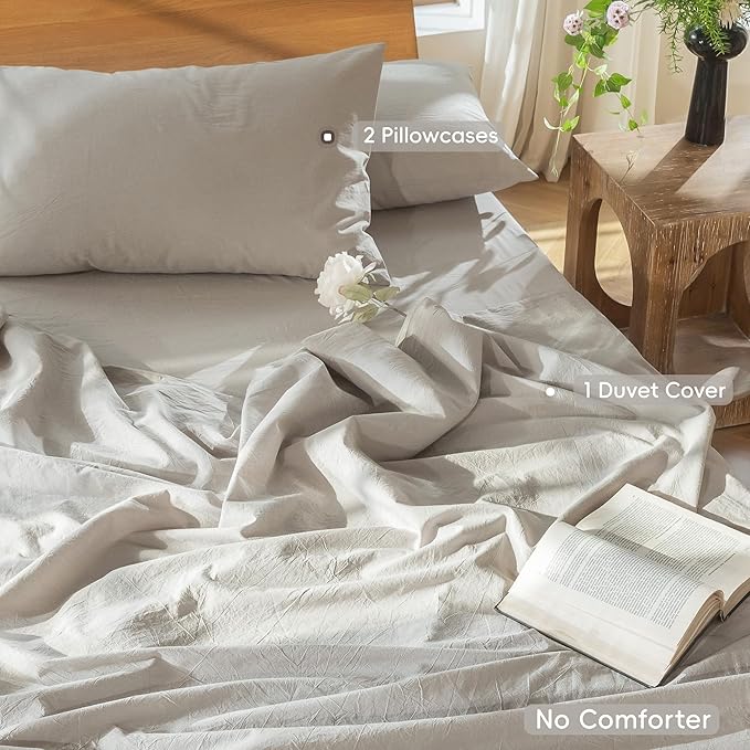 MooMee Bedding Duvet Cover Set 100% Washed Cotton Linen Like Textured Breathable Durable Soft Comfy (Heathered Cream Grey, Super Queen 90"x98")