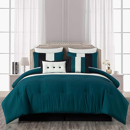 Chezmoi Collection Loft 8-Piece California King Comforter Set, Teal/Black/White Luxury Striped Bedding for All Season