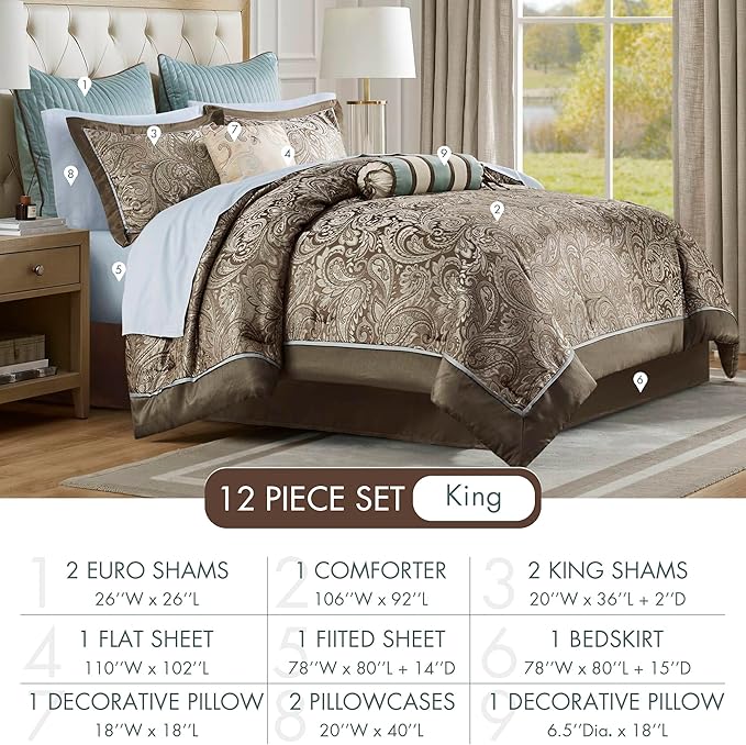 Madison Park Aubrey Cozy Comforter Set, Faux Silk Jacquard Paisley Design - All Season Down Alternative Bedding with Cotton Bed Sheets, Bed Skirt & Toss Pillows, King Blue 12 Piece