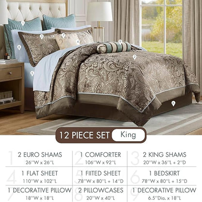 Madison Park Aubrey Cozy Comforter Set, Faux Silk Jacquard Paisley Design - All Season Down Alternative Bedding with Cotton Bed Sheets, Bed Skirt & Toss Pillows, King Blue 12 Piece
