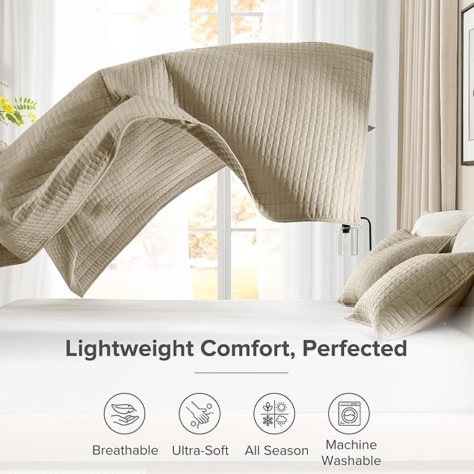 Comfort Spaces Queen Quilt Set Modern Reversible Plaid Coverlet Queen Bedding Set Cozy Quilted Winter Layer, All Season Lightweight Soft Queen Size Quilt, Kienna, Full/Queen Beige 3 Piece