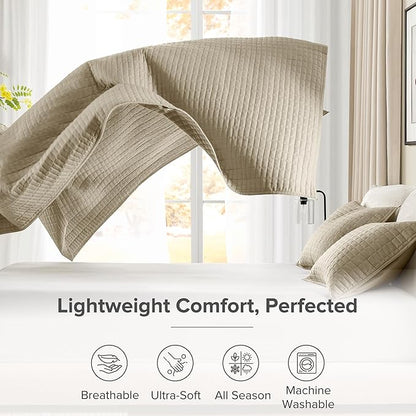 Comfort Spaces Queen Quilt Set Modern Reversible Plaid Coverlet Queen Bedding Set Cozy Quilted Winter Layer, All Season Lightweight Soft Queen Size Quilt, Kienna, Full/Queen Beige 3 Piece