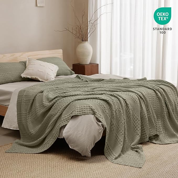 PHF 100% Cotton Waffle Weave Blanket King Size for Bed, Soft Lightweight & Breathable for Spring and Summer, All-Season Comfort, Luxury Aesthetic Blanket for Home Decor, 108"x90", Dusty Sage