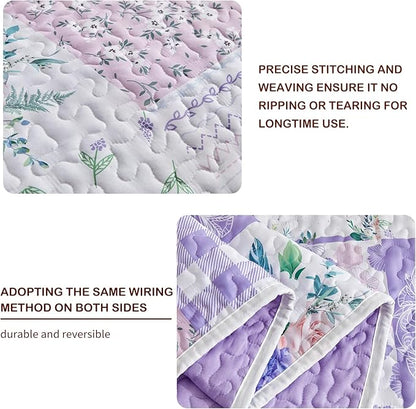 Joyreap 3 Pieces Floral Patchwork Quilt Set California King, 102x114 inches- Purple n Pink Flowers Design, Soft n Cozy Microfiber Quilt, Bedspread Bed Cover for All Season