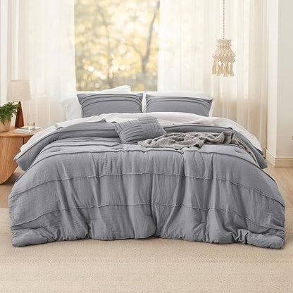 Bedsure California King Comforter Set - 4 Pieces Pinch Pleat Bed Set, Grey Boho Bedding for All Season, 1 Soft Comforter, 2 Pillowcases, 1 Decorative Pillow