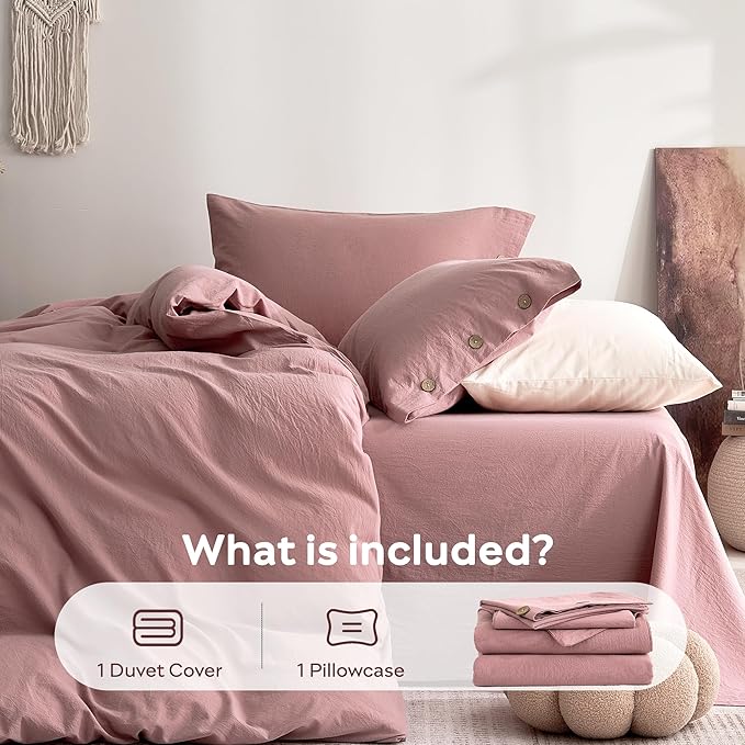 JELLYMONI 100% Washed Cotton Duvet Cover Twin – Soft, Breathable Linen-Look Bedding with Natural Wrinkle Texture, Button Closure, 2-Piece Set (Darker Rose, 68"x90")