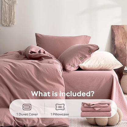 JELLYMONI 100% Washed Cotton Duvet Cover Twin – Soft, Breathable Linen-Look Bedding with Natural Wrinkle Texture, Button Closure, 2-Piece Set (Darker Rose, 68"x90")
