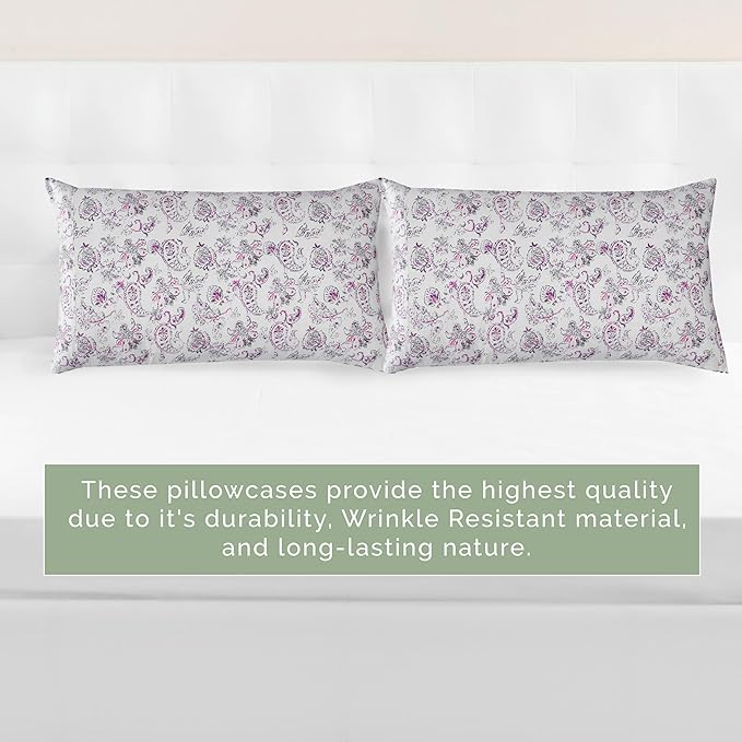 Elegant Comfort Ultra Soft Set of 2 Floral Print Pillowcases - 1500 Premium Hotel Quality Microfiber, Soft and Smooth Envelope Closure 2-Piece Pillow Covers - King, Paisley Purple