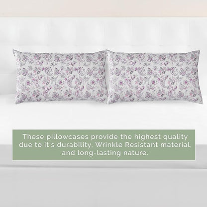 Elegant Comfort Ultra Soft Set of 2 Floral Print Pillowcases - 1500 Premium Hotel Quality Microfiber, Soft and Smooth Envelope Closure 2-Piece Pillow Covers - King, Paisley Purple