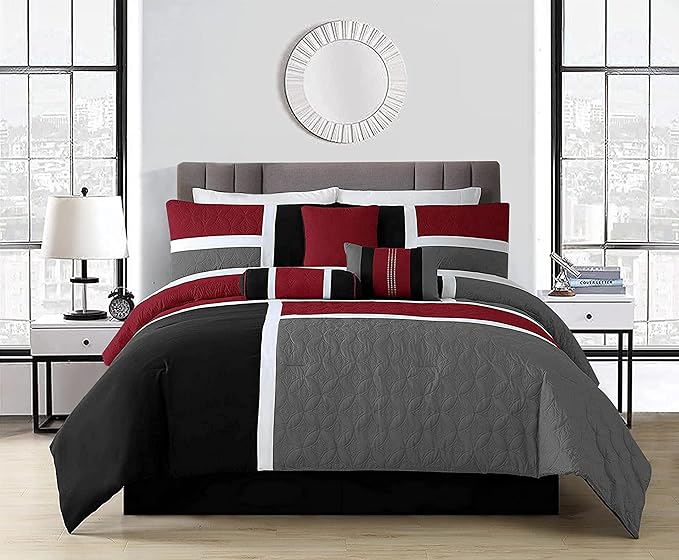 Chezmoi Collection 7-Piece Quilted Patchwork Comforter Set, Red/Gray/Black, Full