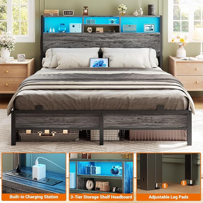 Aheaplus Headboard for Full Size Bed with Storage, Headboards with Outlets | Full Size Head Board Only, with USB Ports and LED Light, Height Adjustable, Reversible, Sturdy & Stable Headboard, Black Oak