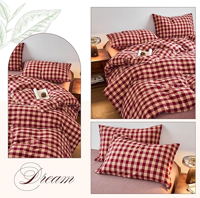 EAVD Vintage Style Red Gingham Duvet Cover Queen Soft 100% Washed Cotton 3-Piece Reversible Plaid Checkered Bedding Set with 2 Pillowcases Farmhouse Buffalo Plaid Duvet Cover with Zipper Closure