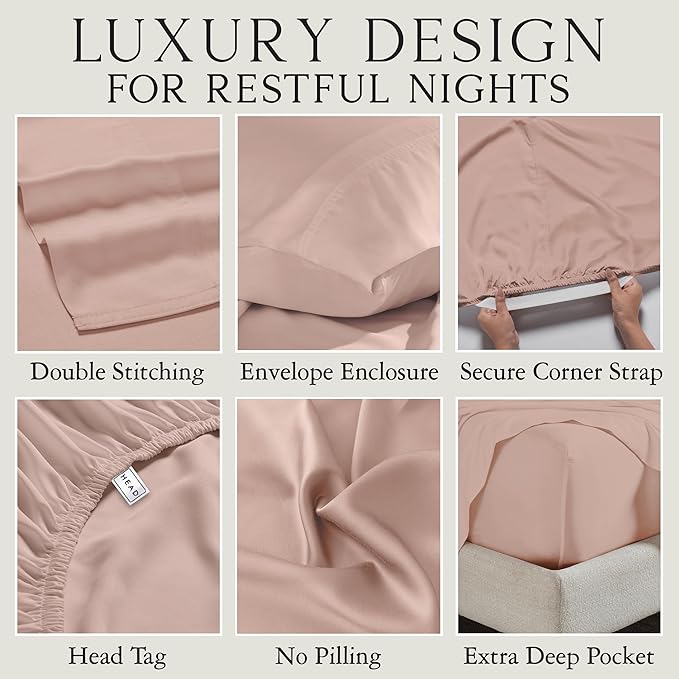 KARISSA MAE Cooling Bamboo Viscose Cal King Sheet Set | 100% FSC Certified | 18” Deep Pocket | Silky, Soft, & Hypoallergenic | with Organizer Band & Elastic Corner Straps [Dusty Rose]