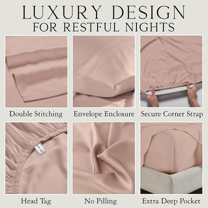 KARISSA MAE Cooling Bamboo Viscose Cal King Sheet Set | 100% FSC Certified | 18” Deep Pocket | Silky, Soft, & Hypoallergenic | with Organizer Band & Elastic Corner Straps [Dusty Rose]