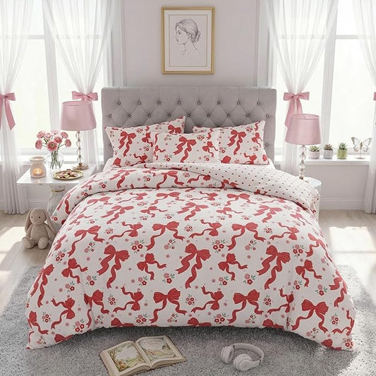 Red Bow Comforter Set Queen for Girls, 3Pcs Ribbon Bowknot Bedding for Kids Kawaii Bedroom Decor, Dreamy Priness Girly Puple Stripe Bows Comforter Set with 2 Pillowcases, 90"x90"