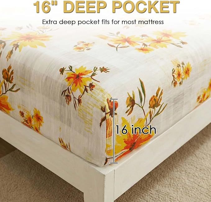 JSD Rustic Yellow Floral King Sheet Set, 4 Piece Printed Microfiber Bedding Sheets Extra Deep Pocket