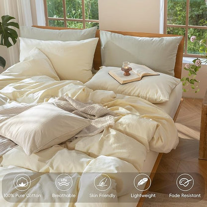 MooMee Bedding Duvet Cover Set 100% Washed Cotton Linen Like Textured Breathable Durable Soft Comfy (Solid Cream, Super King 108"x90")