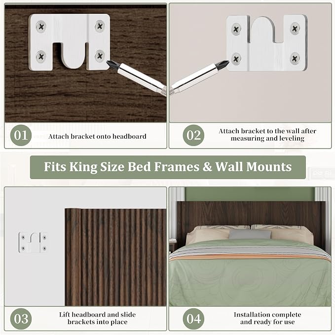 King Size Headboard Only, Modern Fluted Wall-Mounted Head Board with Lighting, Boho Wood Bed headboard Stylish Bedroom Decor, Espresso