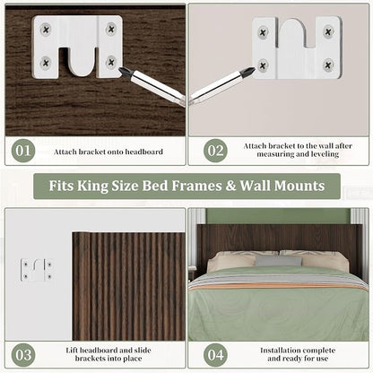 King Size Headboard Only, Modern Fluted Wall-Mounted Head Board with Lighting, Boho Wood Bed headboard Stylish Bedroom Decor, Espresso