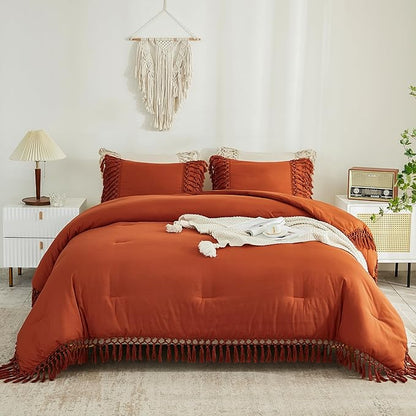 Andency Burnt Orange Comforter Set California King, 3 Pieces Boho Cal King Tassel Lightweight Soft Bedding Comforter Sets, Oversized Bed Set (104x96In Comforter & 2 Pillowcases)