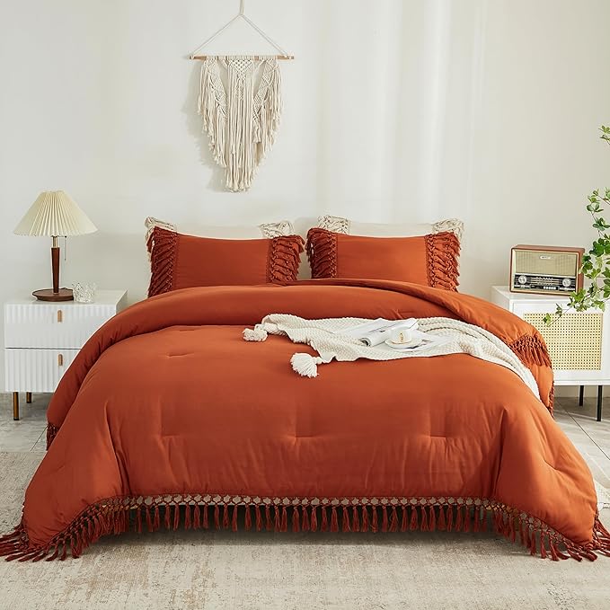 Andency Comforter King Size Set Burnt Orange, 3 Pieces Boho Terracotta Tassel Lightweight Fluffy Bedding Comforters & Sets, Soft All Season Rust Bed Set (104x90In Comforter & 2 Pillowcases)