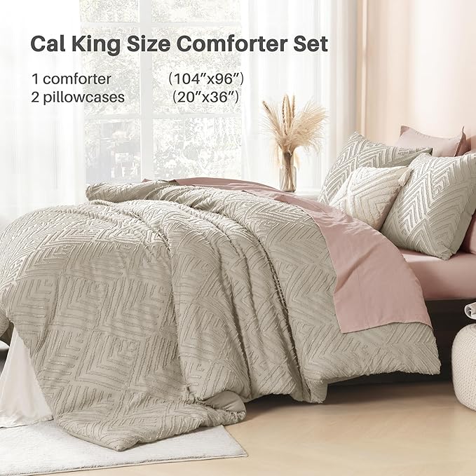 Litanika California King Comforter Set Oatmeal, 3 Pieces Tufted Boho Farmhouse Bedding Comforter Sets, Lightweight Fluffy Comforter Bed Set for All Season (104x96In Comforter and 2 Pillowcases)