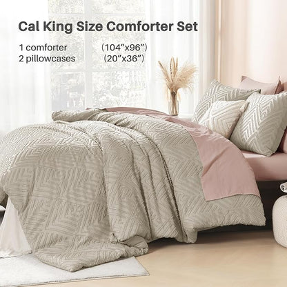 Litanika California King Comforter Set Oatmeal, 3 Pieces Tufted Boho Farmhouse Bedding Comforter Sets, Lightweight Fluffy Comforter Bed Set for All Season (104x96In Comforter and 2 Pillowcases)