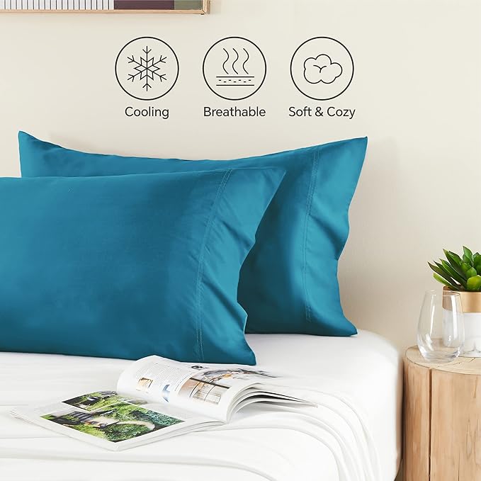 BEDELITE Pillow Cases Queen Size Set of 2, Rayon Derived from Bamboo, Cooling Pillow Cases for Hot Sleepers & Night Sweats, Breathable and Silky Soft Envelope Pillowcases(Teal, 20"x30")