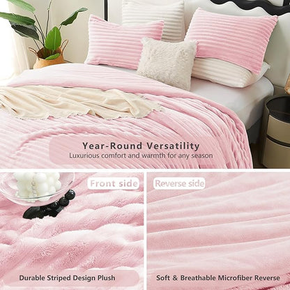 CozyLux Fluffy King Size Comforter Set - Super Soft Faux Fur Pink Comforter King Size, Winter Warm Fleece Bedding Set, 3 Pieces Plush Fuzzy Bed Set (1 Shaggy Comforter, 2 Pillowcases)