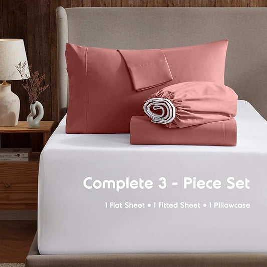 Nestl Twin Sheet Set - 1800 Ultra-Soft Microfiber Twin Bed Sheets - Double Brushed - Deep Pockets - Easy Fit - Extra Soft - 3 Piece Set - Bedding Sheets & Pillowcases (Twin, Pink Clay)