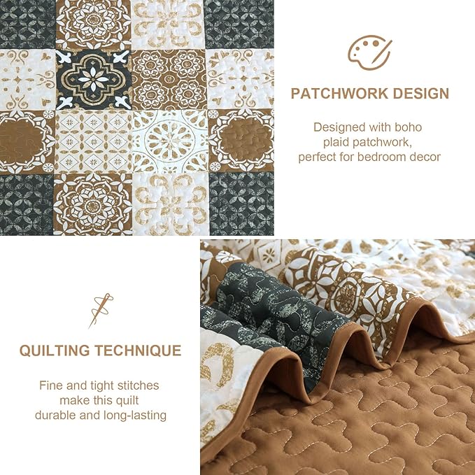 Dobuyly Brown Quilt Set Queen Size, Boho Plaid Patchwork Bedspreads Coverlet Set, 3 Pieces Soft Lightweight Microfiber Fall Quilt Bedding Set for All Seasons 96"x90"