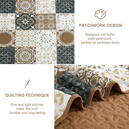 Dobuyly Brown Quilt Set Queen Size, Boho Plaid Patchwork Bedspreads Coverlet Set, 3 Pieces Soft Lightweight Microfiber Fall Quilt Bedding Set for All Seasons 96"x90"