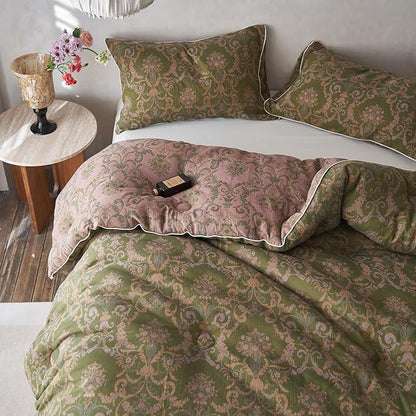HighBuy Full Comforter Set Olive Green Paisley Floral Comforters Full Size Luxury Soft Muslin Cotton for All Seasons Floral Bedding Set with Comforters,2 Pillowcases,Breathable