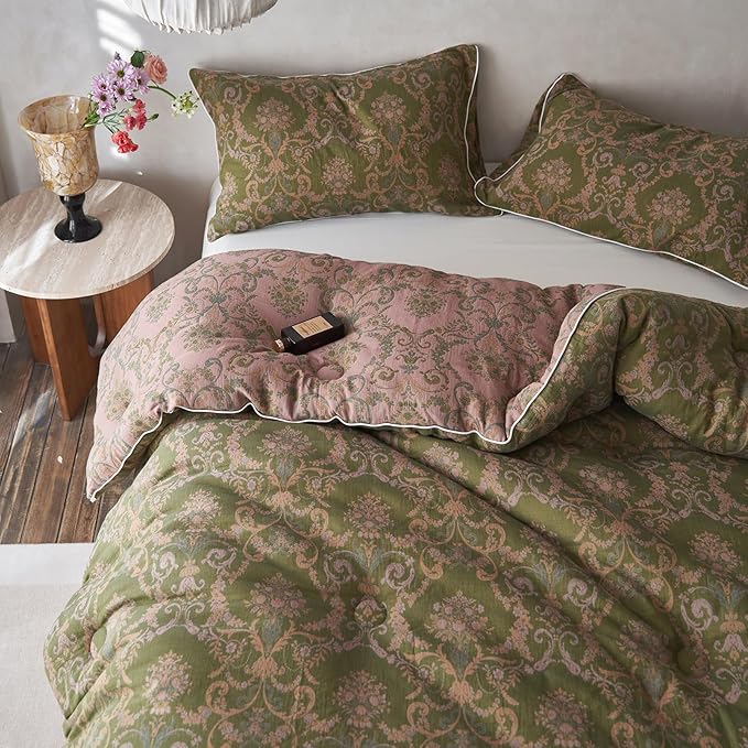 HighBuy Muslin Cotton Comforter Set King Size Paisley Floral Print Hotel Luxury Breathable Bedding Comforter All Season Olive Green Boho Bedding Set with 1 Floral Comforter 2 Pillowcases