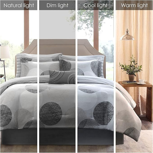 Madison Park Essentials Bed in a Bag Comforter, Vibrant Color Design All Season Down Alternative Cover with Complete Cotton Sheet Set, Full(78"x86"), Knowles, Circular Grey, 9 Piece