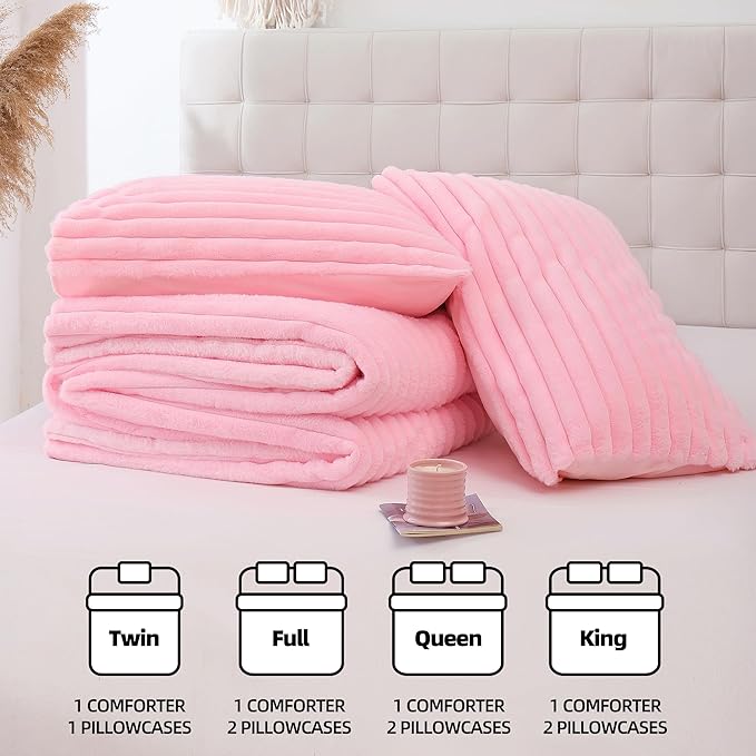 Smoofy Fluffy King Size Comforter Set 3 Pieces - Pink Fleece Fluffy Comforter Set, Luxury Fuzzy King Bedding Set, Soft King Bed Set All Season, Heavy Faux Fur Comforter with 2 Pillow Cases