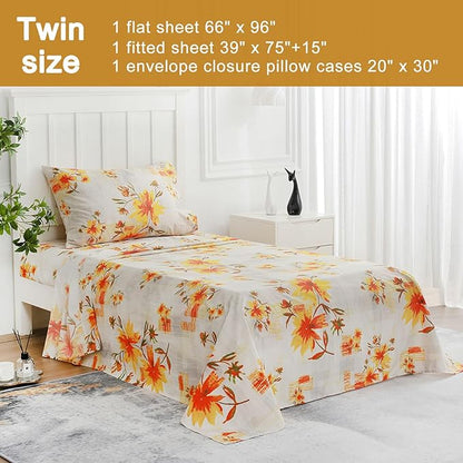 JSD Fall Floral Sheet Set Twin Size, 3 Piece Yellow Printed Microfiber Bedding Sheets Extra Deep Pocket