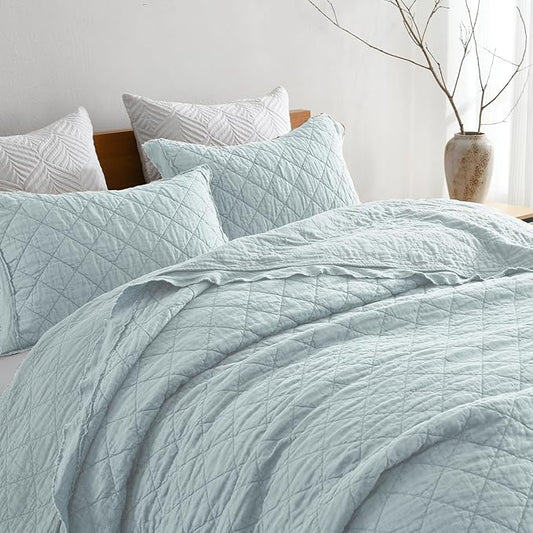 HORIMOTE HOME 100% Linen Front/100% Cotton Back Quilt Set King Size, Paleturquoise Pre-Washed European Flax Linen Quilt, Diamond Stitch Bedspread Coverlet Bedding Set 3-Piece for All Seasons