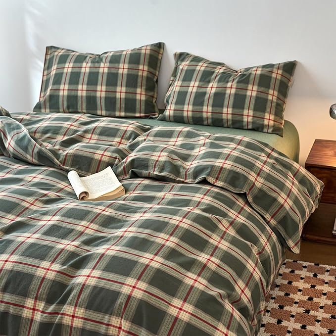 EAVD Vintage Style Green Plaid Duvet Cover Queen Soft 100% Washed Cotton Red Green Grid Checkered Bedding Set with 2 Pillowcases Retro Farmhouse Geometric Grid Duvet Cover with Zipper Closure