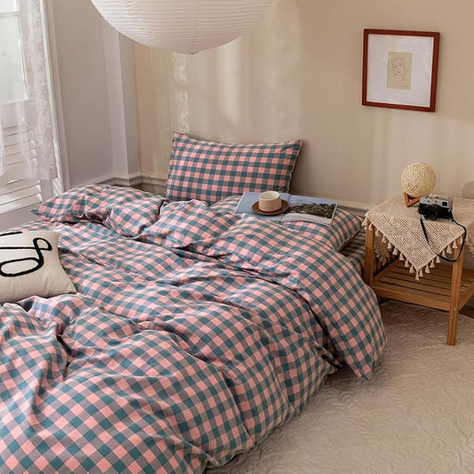 Modern Plaid Grid Duvet Cover King 3 Pieces Washed Cotton Duvet Cover Pink Purple Plaid Bedding Set Checkered Printed Comforter Cover with Zipper Closure Lightweight Soft Plaid Duvet Cover Set King