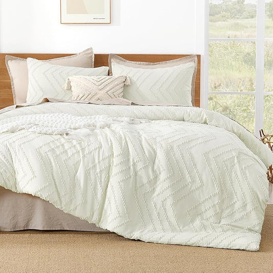 Litanika Comforter Oversized King Size Set Ivory, 3 Pieces Chevron Tufted Solid Bedding Comforter Sets, Fluffy Bed Set