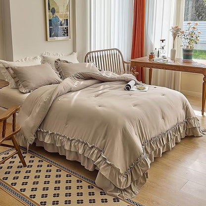 AIKASY Taupe Comforters Twin Size Set, Vintage Boho Chic Farmhouse Bedding Sets Shabby Ruffle Queen Bed Comforter Bedding 3PCS（1 Comforter and 2 Pillowcases）