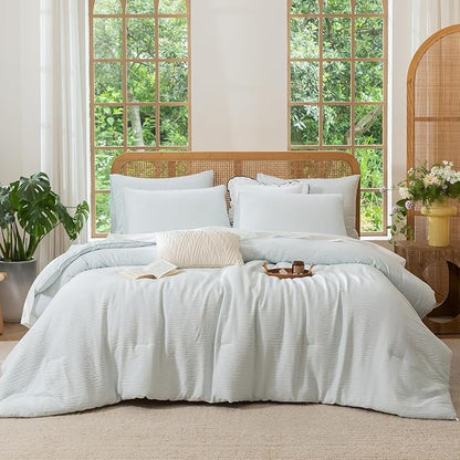 Queen Comforter Set Glacier Blue, 3 Pieces Double-Layer Crinkle Gauze Soft Bedding for All-Season Lightweight Warmth with 2 Pillowcases