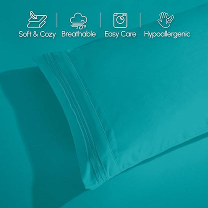 Elegant Comfort Luxurious 1500 Premium Hotel Quality Microfiber Three Line Embroidered Softest 4-Piece Bed Sheet Set, Wrinkle and Fade Resistant, RV Short Queen, Turquoise