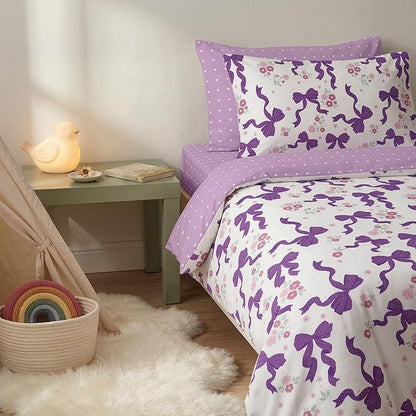 Purple Bow Comforter Set Twin Size for Girls, 2Pcs Ribbon Bowknot Bedding for Kids Kawaii Bedroom Decor, Dreamy Priness Girly Puple Polka Dots Bows Comforter Set with 1 Pillowcase, 68"x86"