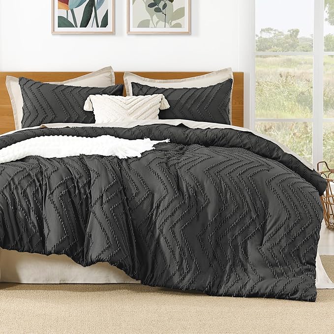 Litanika Dark Grey California King Comforter Set, 3 Pieces Cal King Oversized Chevron Tufted Boho Bedding Comforter Sets, Fluffy Bed Set (104x96In Comforter & 3 Pillowcases)