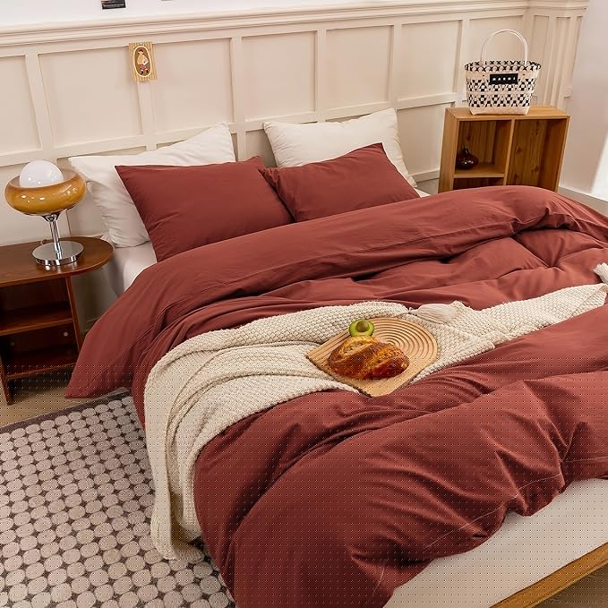 ECOCOTT Duvet Cover King Size - Linen Feel Organic Natural 100% Washed Cotton, Soft Breathable 3 Pieces Bedding Set with Zipper Closure, Burnt Brick Red