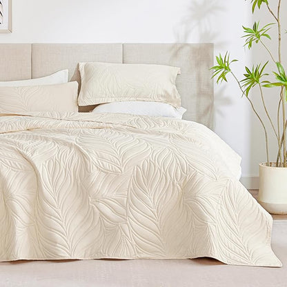 EXQ Home Quilt Set Full Queen Size Beige 3 Piece,Lightweight Soft Coverlet Modern Style Leaf Pattern Bedspread Set(1 Quilt,2 Pillow Shams)